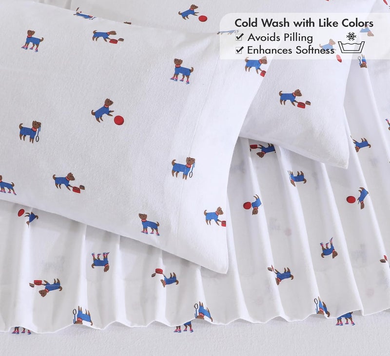 RUVANTI Flannel Sheets Full Size - 100% Cotton Double Brushed Bed Sheets Set, Deep Pockets 16 Inches, All Seasons Breathable & Extra Soft Full Sheets, Warm & Cozy, 4 Piece, Puppy Playoff - Image 5