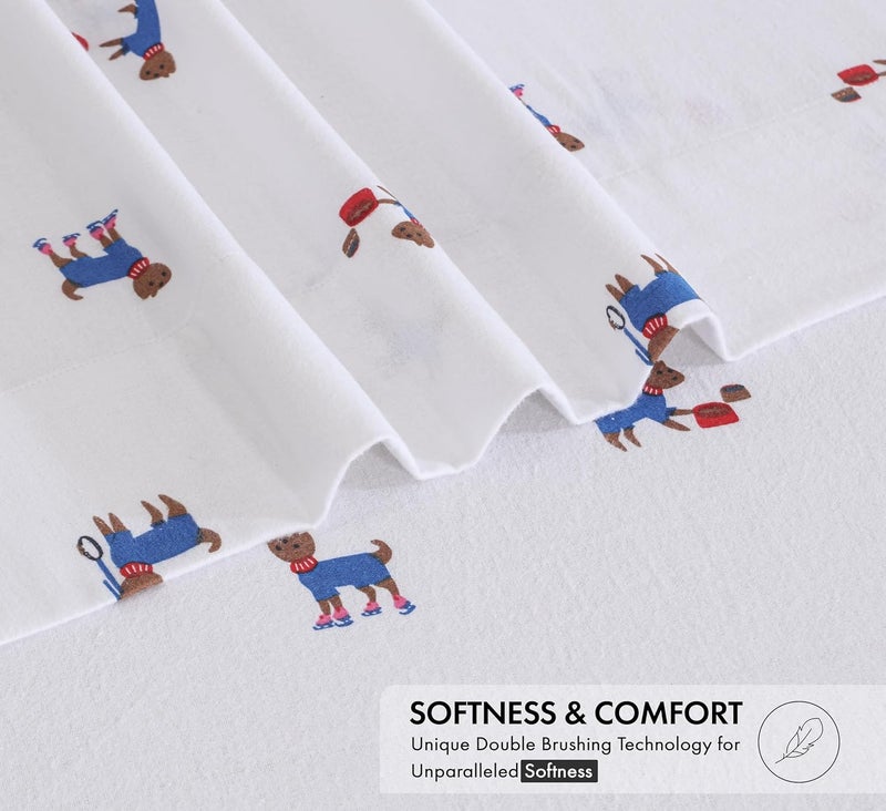 RUVANTI Flannel Sheets Full Size - 100% Cotton Double Brushed Bed Sheets Set, Deep Pockets 16 Inches, All Seasons Breathable & Extra Soft Full Sheets, Warm & Cozy, 4 Piece, Puppy Playoff - Image 4