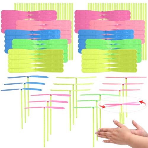 DEARIDAP 100 Pcs Solid Color Hand Helicopter Set 50 Propeller 50 Rod Flying Helicopter Prop Set Bamboo Dragonfly Hand Rub Plastic Propeller for Outdoor Activity Gifts Random 35 Color - Image 1