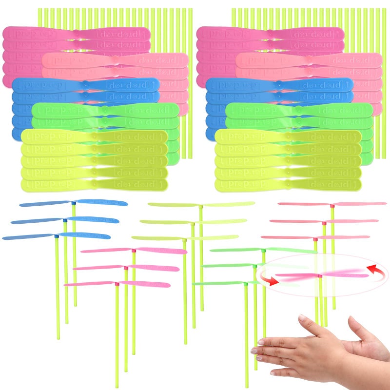 DEARIDAP 100 Pcs Solid Color Hand Helicopter Set 50 Propeller 50 Rod Flying Helicopter Prop Set Bamboo Dragonfly Hand Rub Plastic Propeller for Outdoor Activity Gifts Random 35 Color - Image 3
