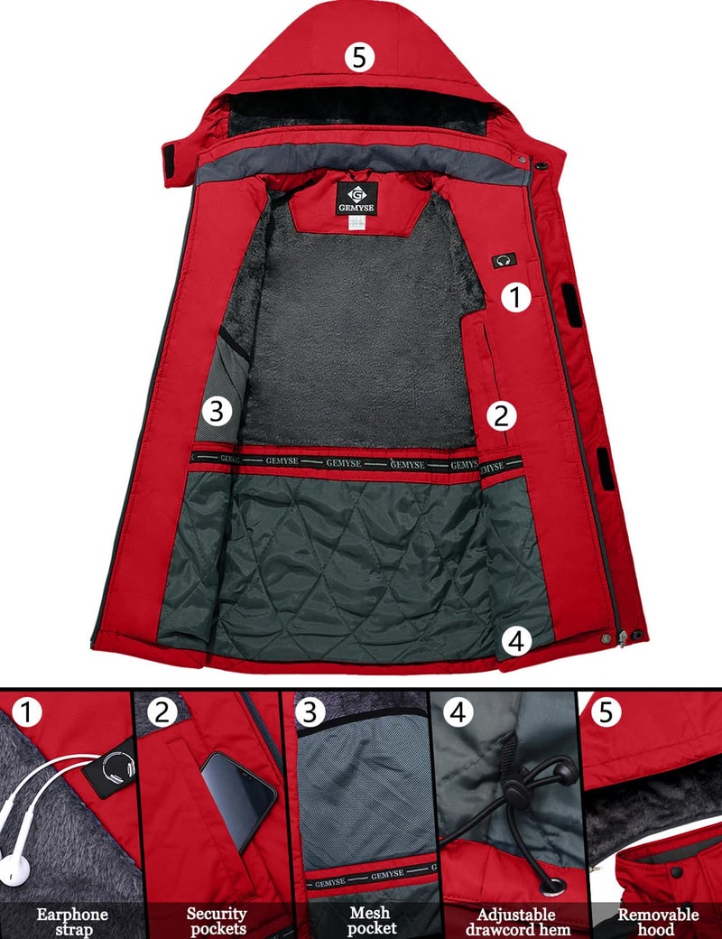 GEMYSE Men's Mountain Waterproof Ski Snow Jacket Winter Windproof Rain Jacket (Grey Red,XX-Large) - Image 5