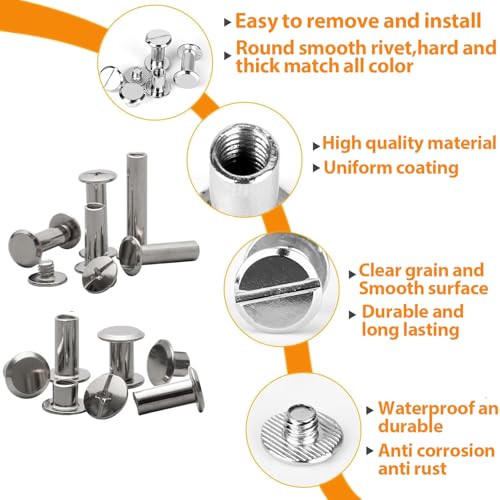 Hincell 120sets Chicago Screws Kit, 8 Sizes Screw Rivets Silver Chicago Binding Screws for DIY Repair Leather Craft Belt Bag Shoes Purse Bookbinding (M5*4,5,6,8,10,12,15,18) (Silver) - Image 3