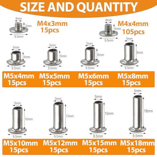 Hincell 120sets Chicago Screws Kit, 8 Sizes Screw Rivets Silver Chicago Binding Screws for DIY Repair Leather Craft Belt Bag Shoes Purse Bookbinding (M5*4,5,6,8,10,12,15,18) (Silver) - Image 2