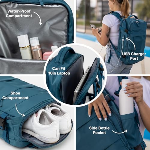 Carrywell (Not Made In China) Travel Backpack Airline Approved, Carry-On Underseat, Holds 15.6 or 16 Inch Laptop, Personal Item Bag with Shoe Compartment For Men Women, Peacock Blue 30l - Image 2