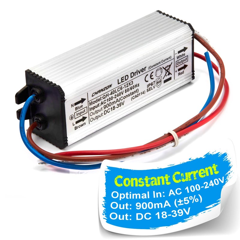 Chanzon LED Driver 900mA (Constant Current Output) 18V-39V (Input 85-277V AC-DC) (6-12) x3 18W 24W 30W 36W IP67 Waterproof High Power Supply 900 mA Lighting Transformer for 30 W COB Chips (Aluminium) - Image 1