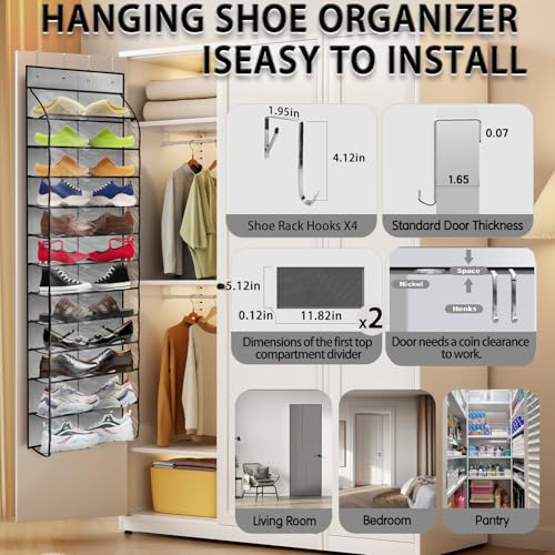 Kotkn Over The Door Shoe Organizer with 12 Large Breathable Pockets - Durable Hanging Storage for the Entire Family's Shoes (Gray) - Image 4