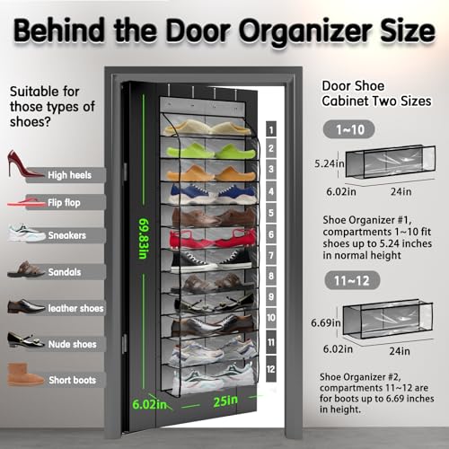 Kotkn Over The Door Shoe Organizer with 12 Large Breathable Pockets - Durable Hanging Storage for the Entire Family's Shoes (Gray) - Image 2