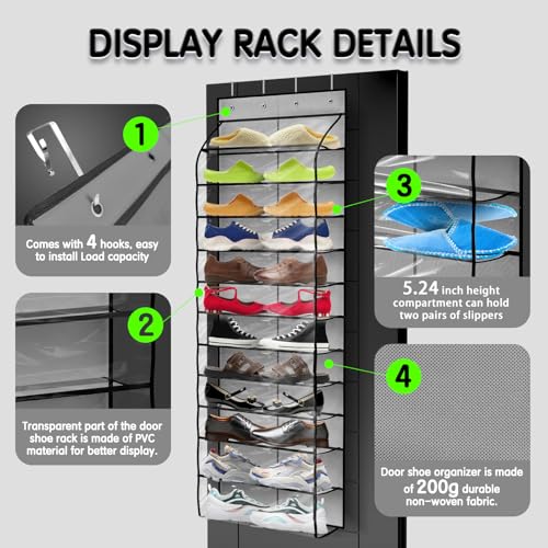 Kotkn Over The Door Shoe Organizer with 12 Large Breathable Pockets - Durable Hanging Storage for the Entire Family's Shoes (Gray) - Image 3