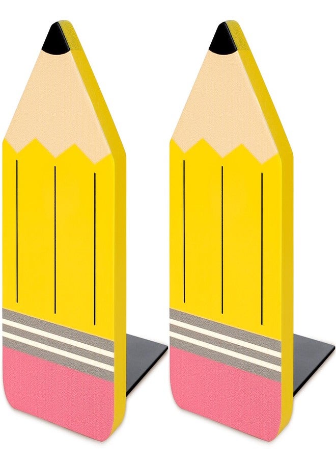 Whaline 2Pcs Pencil Shaped Wood Bookends Back to School Wood Bookends Yellow Pencil Wooden Book Stands Cute Non Skid Book Stoppers for Heavy Books Home Office School Library Kitchen - Image 1