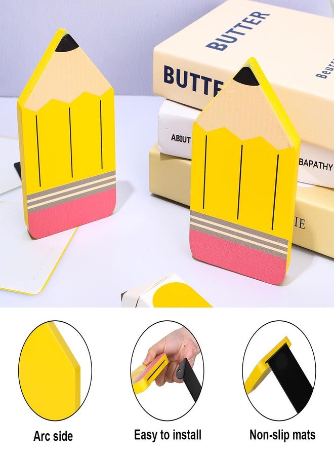 Whaline 2Pcs Pencil Shaped Wood Bookends Back to School Wood Bookends Yellow Pencil Wooden Book Stands Cute Non Skid Book Stoppers for Heavy Books Home Office School Library Kitchen - Image 4