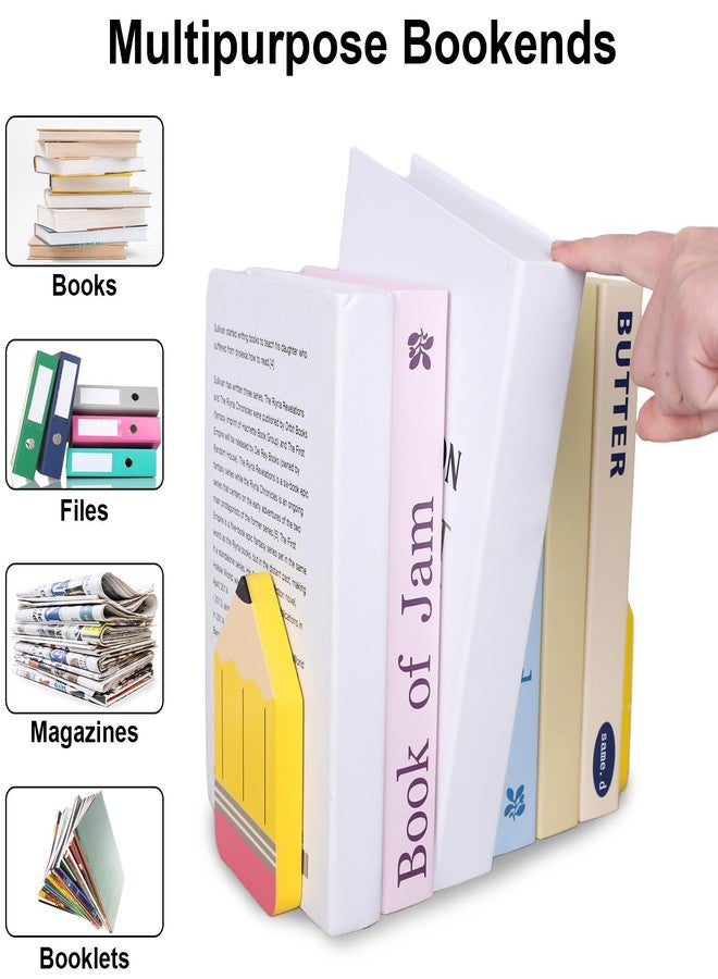 Whaline 2Pcs Pencil Shaped Wood Bookends Back to School Wood Bookends Yellow Pencil Wooden Book Stands Cute Non Skid Book Stoppers for Heavy Books Home Office School Library Kitchen - Image 3