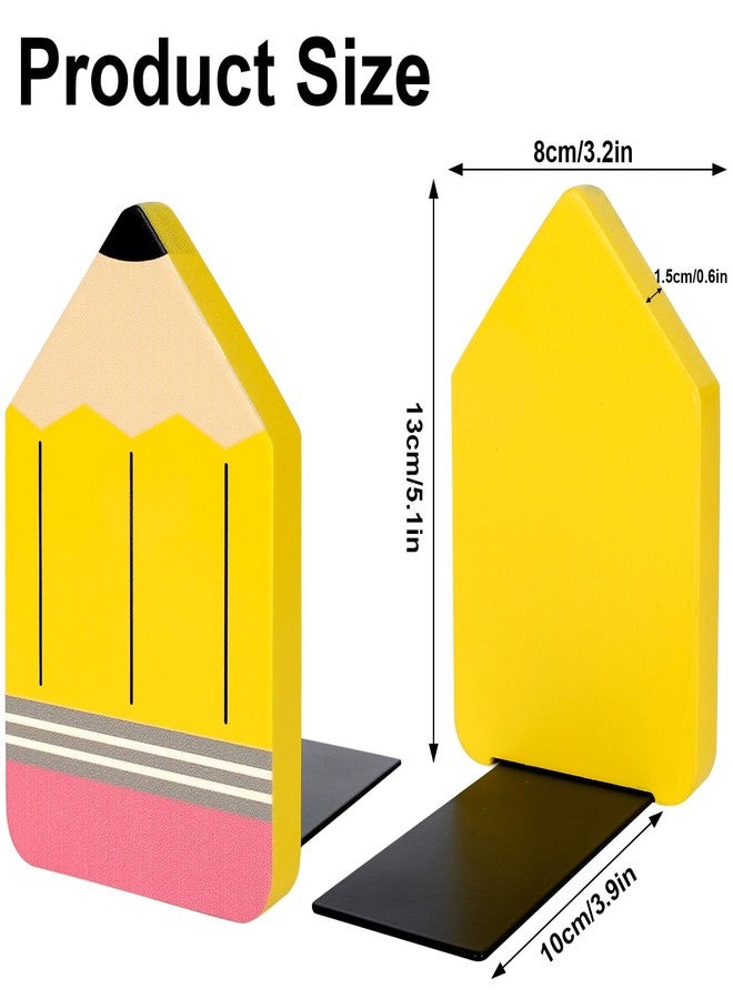 Whaline 2Pcs Pencil Shaped Wood Bookends Back to School Wood Bookends Yellow Pencil Wooden Book Stands Cute Non Skid Book Stoppers for Heavy Books Home Office School Library Kitchen - Image 2