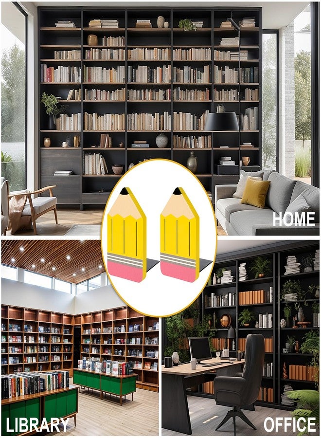 Whaline 2Pcs Pencil Shaped Wood Bookends Back to School Wood Bookends Yellow Pencil Wooden Book Stands Cute Non Skid Book Stoppers for Heavy Books Home Office School Library Kitchen - Image 5