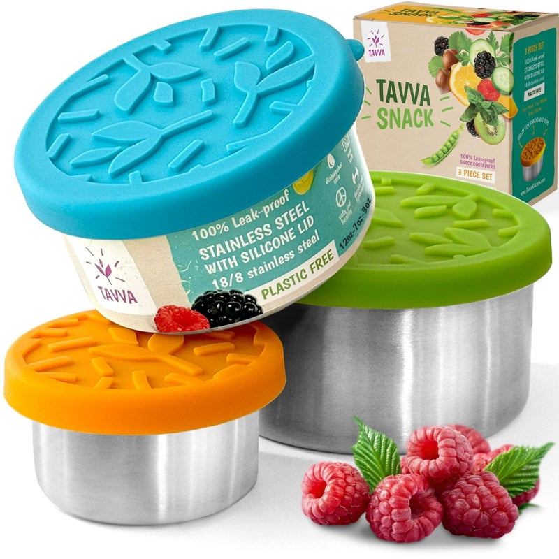 TAVVA Stainless Steel Lunch Containers for Kids 12oz 7oz 3oz  BPAFree Metal Lunchbox with Leakproof Silicone Lids  Lunch Box for Kids  Small Snack Food Containers with Lids  Dishwasher Safe