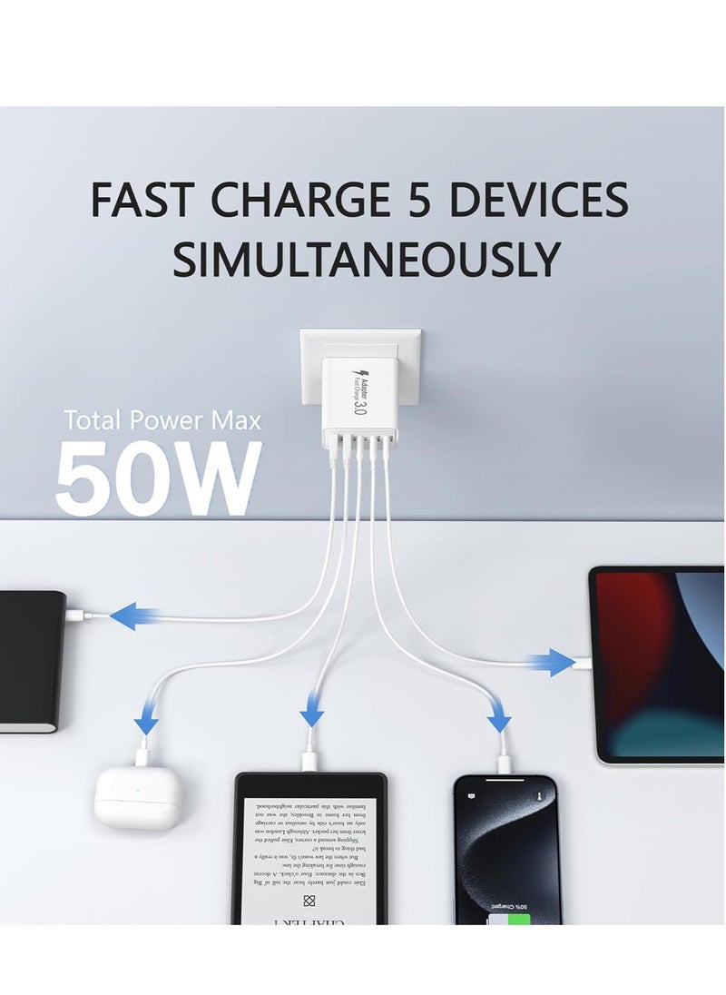 General 2Pack USB C Fast Charger Block,50W 5-Port USB C Wall Charger Brick,2 USB A & 3 USB C PD3.0 Power Adapter Multiport Type C Charging Plug for iPhone 12/13/14/15,Pad Mini/Pro, GalaxyS23 S22 (White)  - Image 2