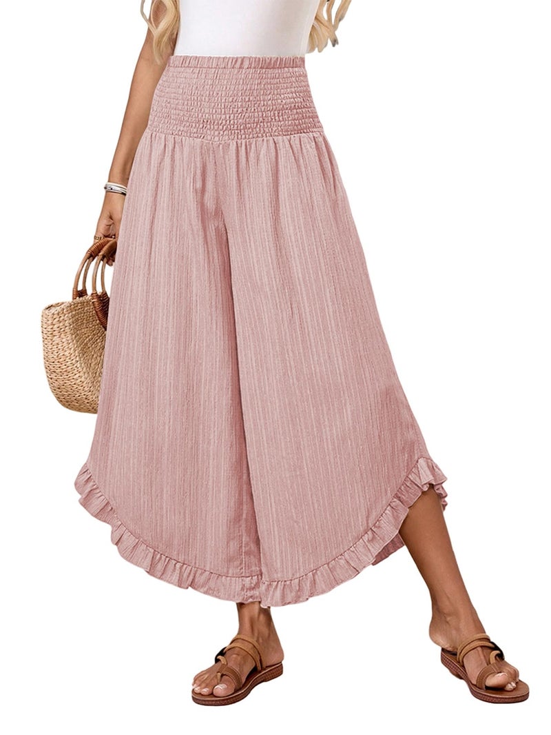 Samefar Womens Wide Leg Pants Summer Boho Bagyy Palazzo Pants for Women Flowy High Smocked Waist Casual Loose Lounge Trousers Pink Large - Image 1