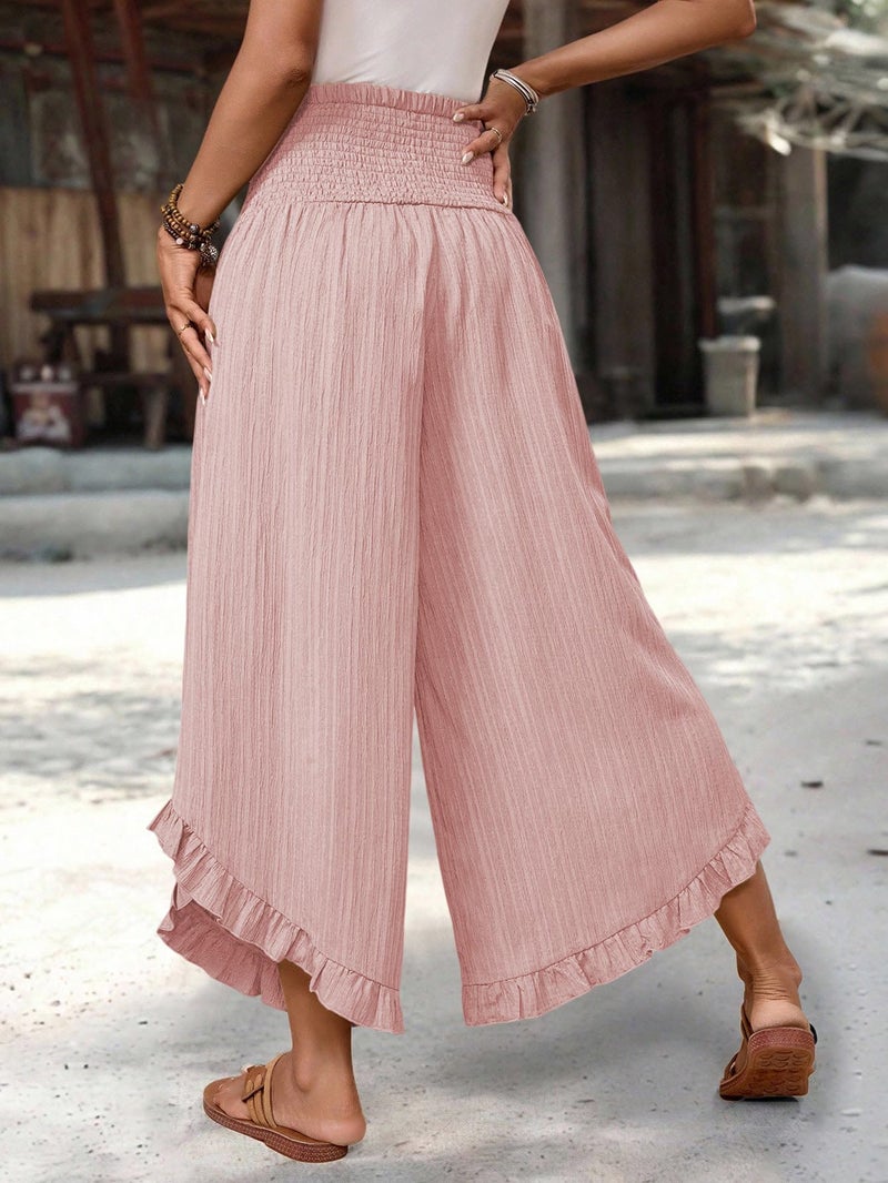 Samefar Womens Wide Leg Pants Summer Boho Bagyy Palazzo Pants for Women Flowy High Smocked Waist Casual Loose Lounge Trousers Pink Large - Image 3
