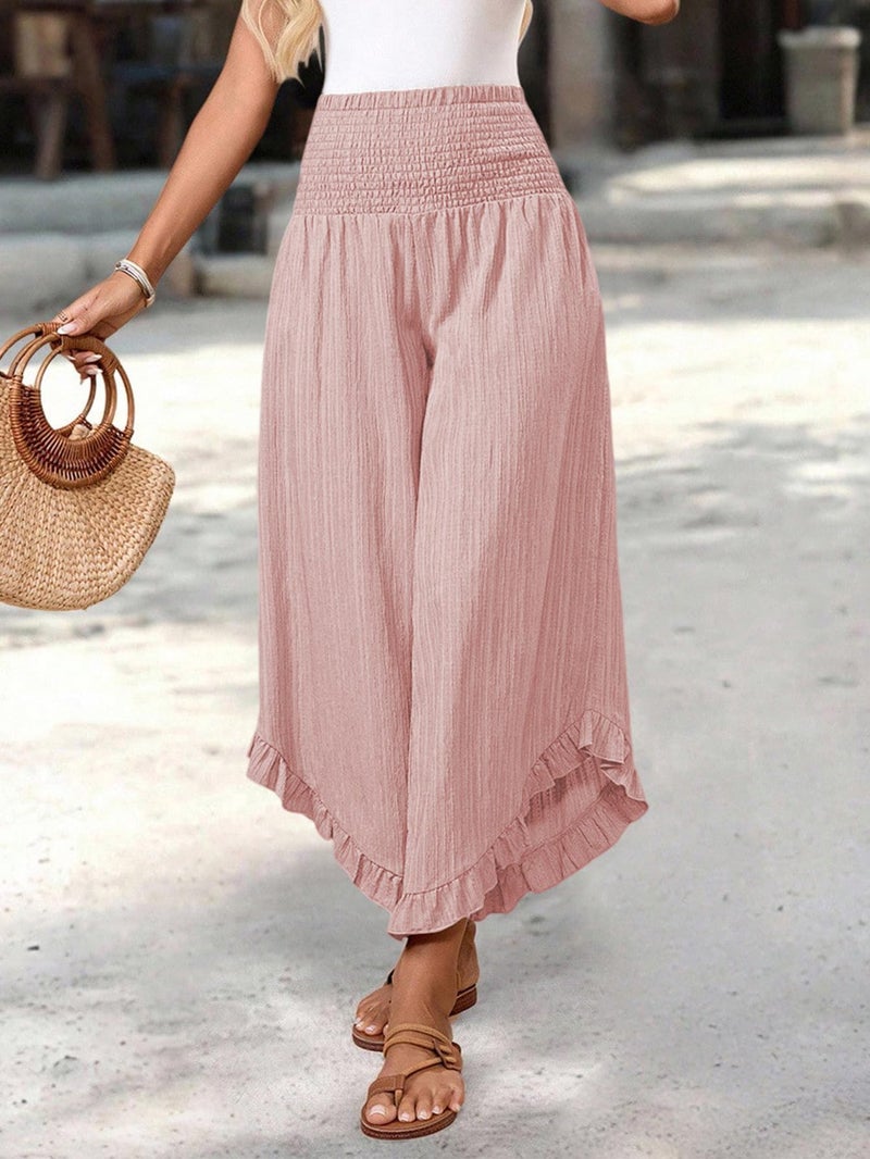 Samefar Womens Wide Leg Pants Summer Boho Bagyy Palazzo Pants for Women Flowy High Smocked Waist Casual Loose Lounge Trousers Pink Large - Image 2