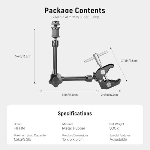 Hiffin 11"/28cm Adjustable Magic Arm with Super Clamp, 1/4" & 3/8" Threads, 1/4" Screws for Flash/LED Light/Microphone/Monitor, Compatible with All Camera Cage, Max Load: 4.4lb/2kg - Image 4