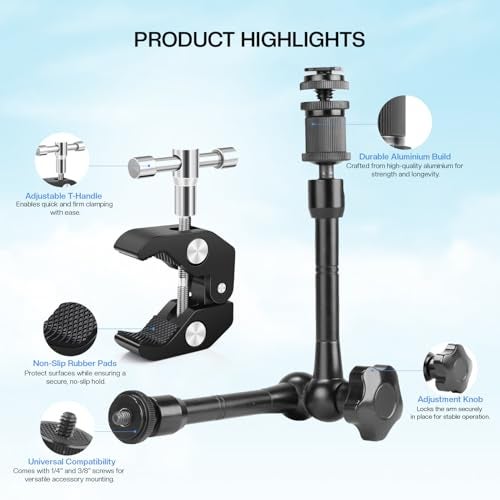 Hiffin 11"/28cm Adjustable Magic Arm with Super Clamp, 1/4" & 3/8" Threads, 1/4" Screws for Flash/LED Light/Microphone/Monitor, Compatible with All Camera Cage, Max Load: 4.4lb/2kg - Image 2