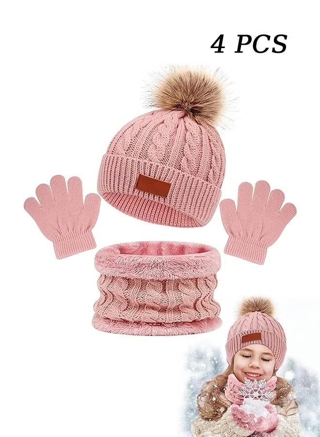 Kids Winter Beanie Hat Scarf Gloves Set for 2-6 Years Old, Toddler Winter Knit Hat Gloves Neck Warmer with Fleece Lined, Tender Pink - Image 1