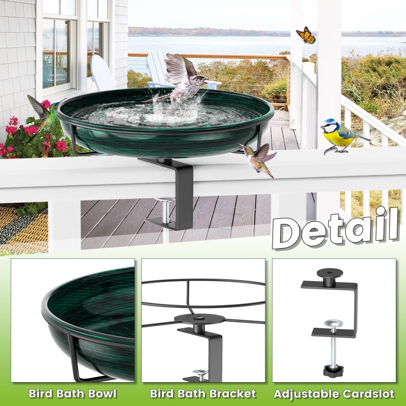 ODSNANIE Deck Mounted Metal Bird Bath for Outside, Detachable Birdbath Bowl with Adjustable Steel Clamp, Outdoor Bird Feeder for Railing Balcony Fence Yard Art Garden Decor (Vintage Green) - Image 4