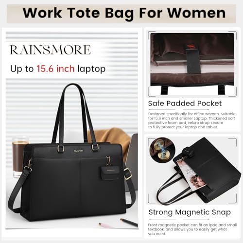 RAINSMORE Laptop Bag for Women 15.6 Inch Work Tote Bags Waterproof Leather Laptop Tote Professional Business Office Briefcase Large Computer Laptop Bag Handbag Shoulder Work Bags - Image 3