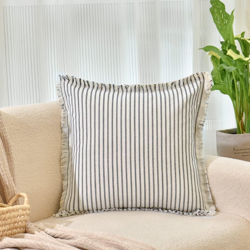 ZWJD Throw Pillow Covers 18x18 Set of 2 Striped Pillow Covers with Fringe Chic Cotton Decorative Pillows Square Cushion Covers for Sofa Couch Bed Living Room Farmhouse Decor, (Black) - Image 2