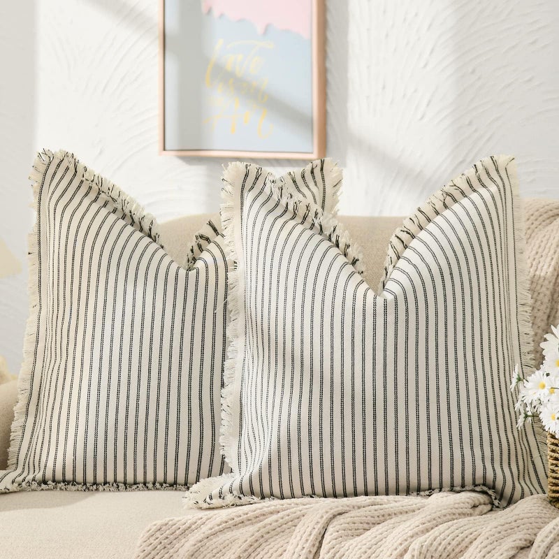ZWJD Throw Pillow Covers 18x18 Set of 2 Striped Pillow Covers with Fringe Chic Cotton Decorative Pillows Square Cushion Covers for Sofa Couch Bed Living Room Farmhouse Decor, (Black) - Image 1