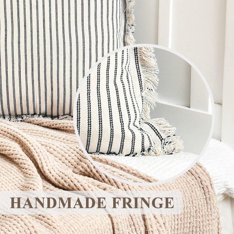 ZWJD Throw Pillow Covers 18x18 Set of 2 Striped Pillow Covers with Fringe Chic Cotton Decorative Pillows Square Cushion Covers for Sofa Couch Bed Living Room Farmhouse Decor, (Black) - Image 5