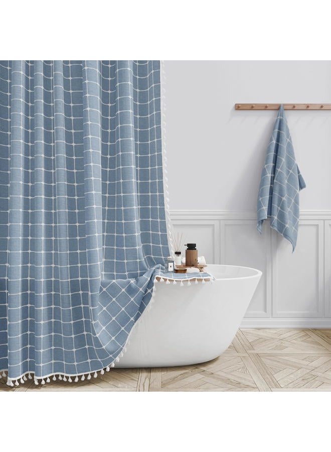 BTTN Extra Long Shower Curtain - 72x84 Inch Long Boho Chic Tassel Linen Fabric Shower Curtain Set with Hooks, Tall Modern Farmhouse Elegant Heavy Duty Thick Cloth Shower Curtains for Bathroom - Blue - Image 1