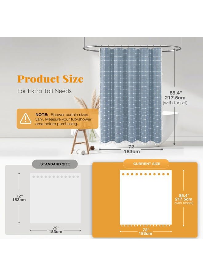 BTTN Extra Long Shower Curtain - 72x84 Inch Long Boho Chic Tassel Linen Fabric Shower Curtain Set with Hooks, Tall Modern Farmhouse Elegant Heavy Duty Thick Cloth Shower Curtains for Bathroom - Blue - Image 3