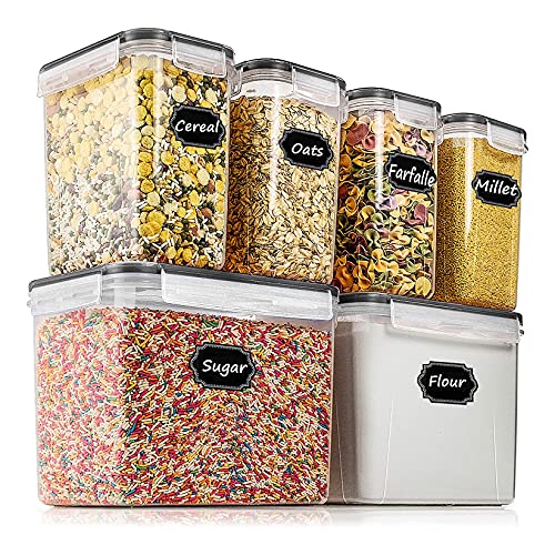 Wildone Airtight Food Storage Containers Cereal & Dry Food Storage Container Set of 6(Black Lid), Leak-proof & BPA Free, With 1 Measuring Cup & 20 Chalkboard Labels & 1 Chalk Marker - Image 1