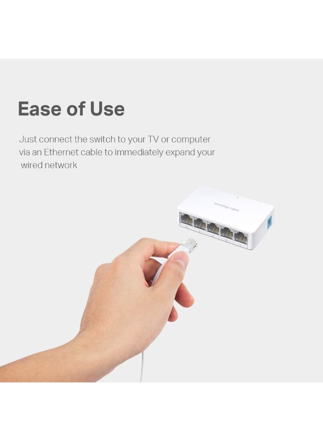 MERCUSYS 5-Port 10/100Mbps Desktop Switch
PORT: 5× 10/100 Mbps Ports
SPEC: Plastic Case
FEATURE: Plug and Play, Compact design White - Image 3