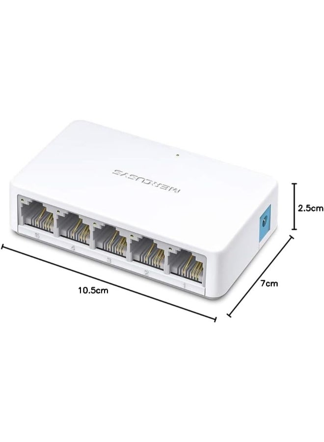 MERCUSYS 5-Port 10/100Mbps Desktop Switch
PORT: 5× 10/100 Mbps Ports
SPEC: Plastic Case
FEATURE: Plug and Play, Compact design White - Image 4