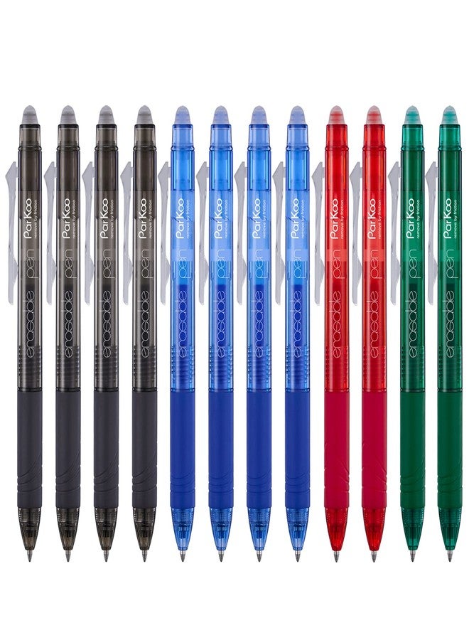 ParKoo Retractable Erasable Gel Pens Clicker Fine Point 0.7 mm, No Need for White Out, 4 Assorted Color Inks for Completing Sudoku and Crossword Puzzles, 12-pack - Image 1