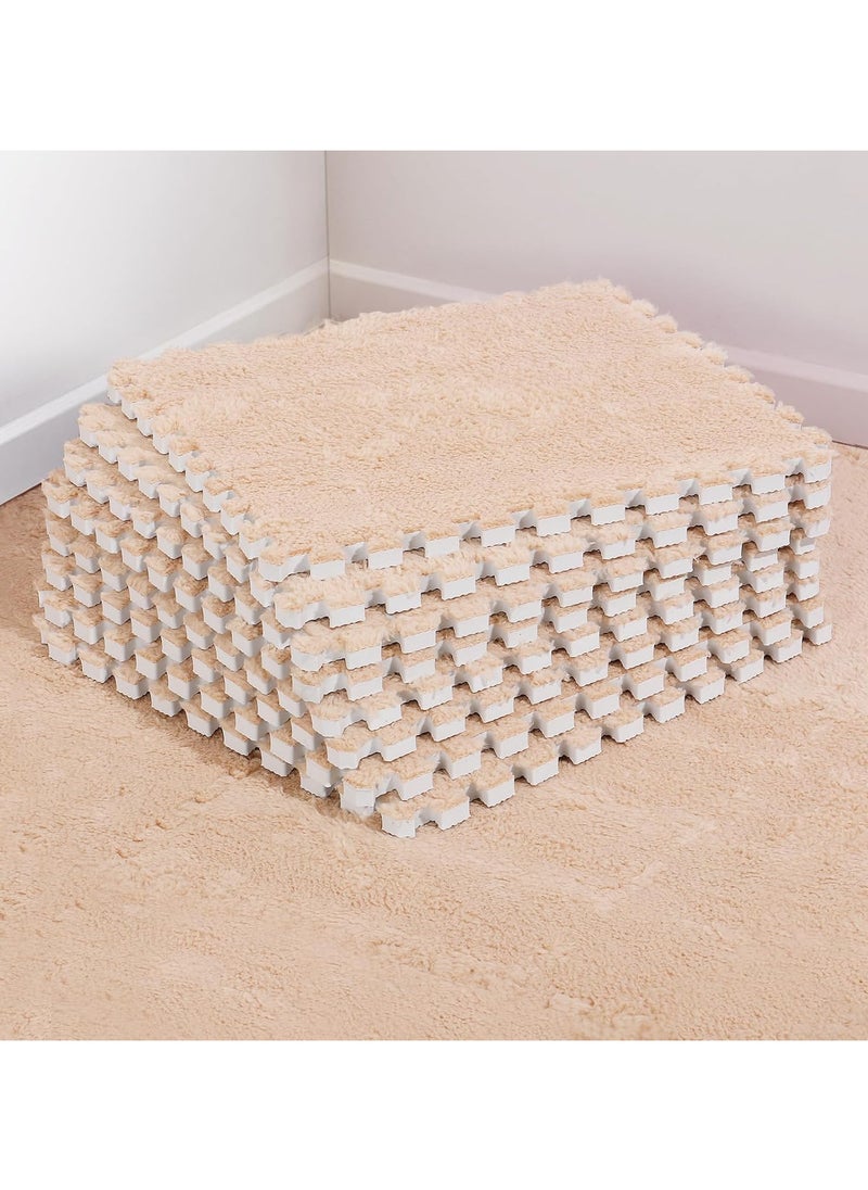 AUTOYSUR 12 pcs Thickened Plush Foam Interlocking Floor Mats, Interlocking Foam Tiles with Edgings for Kids, Soft Anti-Slip Puzzle Area Square Rug Playmat for Children Room Flat (10", Beige)  - Image 1