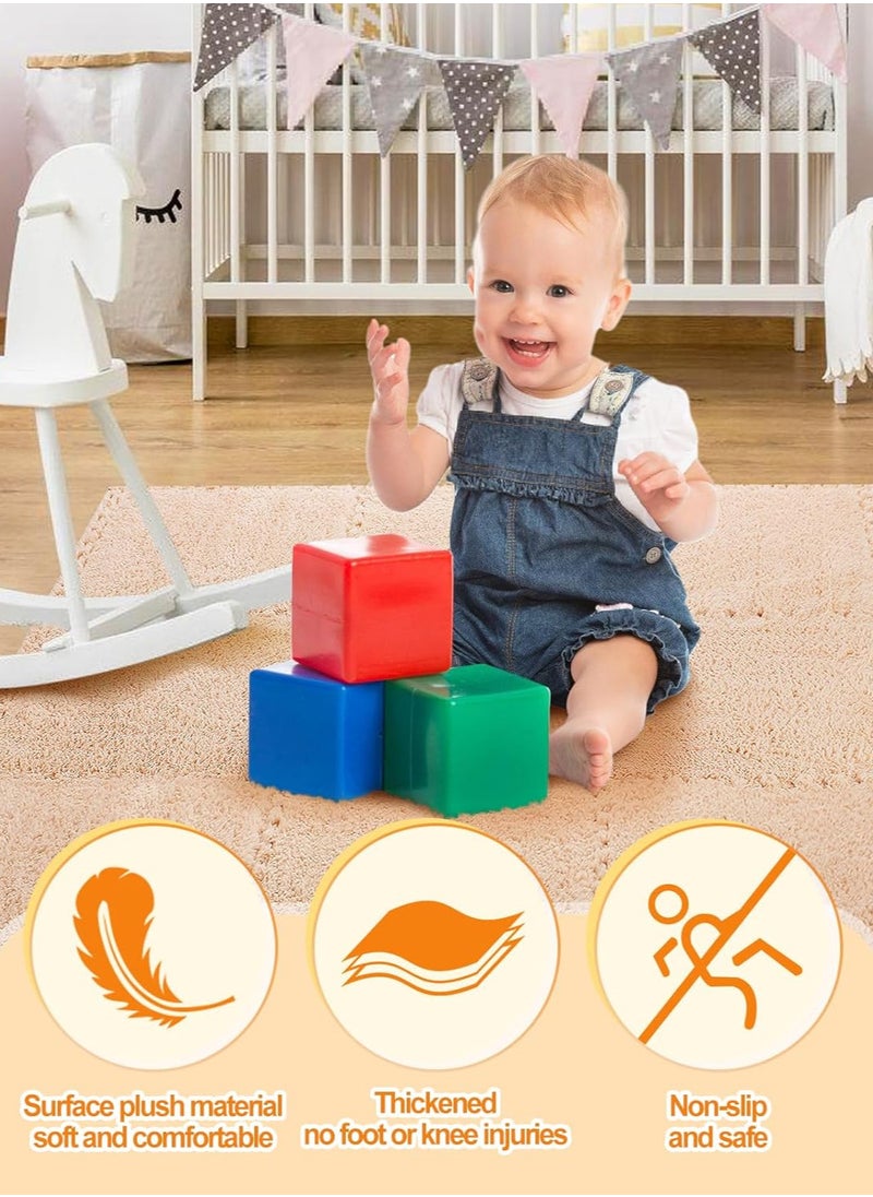 AUTOYSUR 12 pcs Thickened Plush Foam Interlocking Floor Mats, Interlocking Foam Tiles with Edgings for Kids, Soft Anti-Slip Puzzle Area Square Rug Playmat for Children Room Flat (10", Beige)  - Image 2