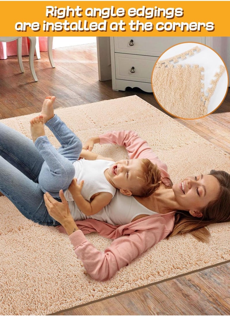 AUTOYSUR 12 pcs Thickened Plush Foam Interlocking Floor Mats, Interlocking Foam Tiles with Edgings for Kids, Soft Anti-Slip Puzzle Area Square Rug Playmat for Children Room Flat (10", Beige)  - Image 5