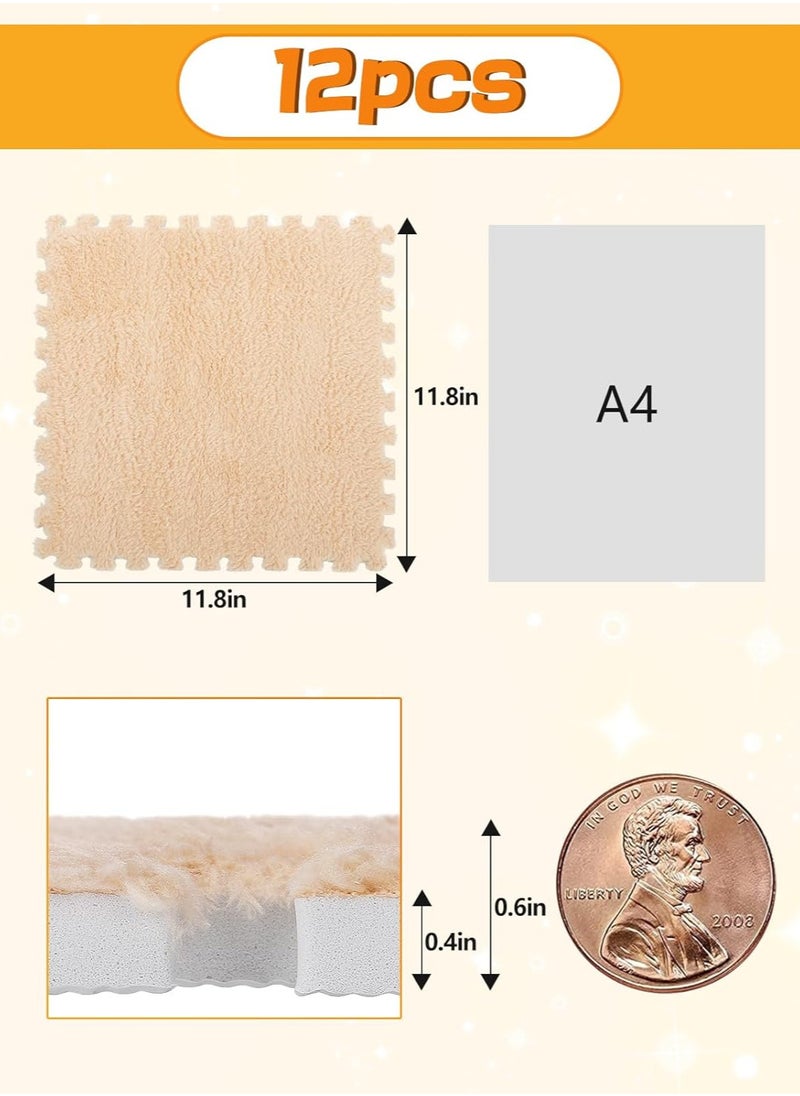 AUTOYSUR - 12 pcs Thickened Plush Foam Interlocking Floor Mats, Interlocking Foam Tiles with Edgings for Kids, Soft Anti-Slip Puzzle Area Square Rug Playmat for Children Room Flat (10", Beige) - Image 1