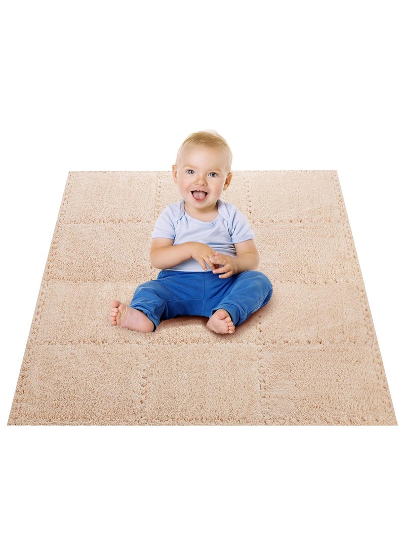 AUTOYSUR - 12 pcs Thickened Plush Foam Interlocking Floor Mats, Interlocking Foam Tiles with Edgings for Kids, Soft Anti-Slip Puzzle Area Square Rug Playmat for Children Room Flat (10", Beige) - Image 1
