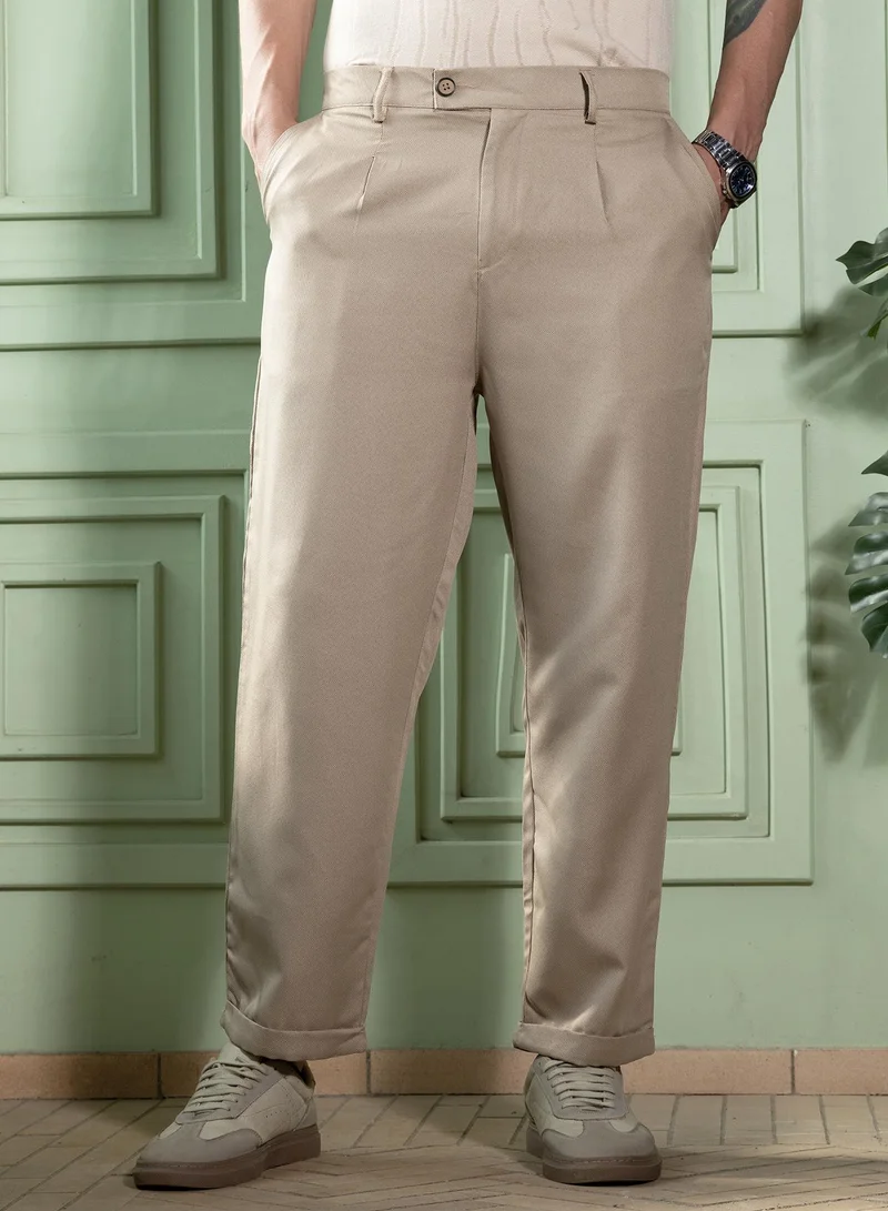 Campus Sutra Men Pleated-Tailored Trousers | Mid-Rise, Side-Adjuster | Button , Straight Hem | Solid Twill Woven Fabric For Casual & Daily Wear | Sand Beige