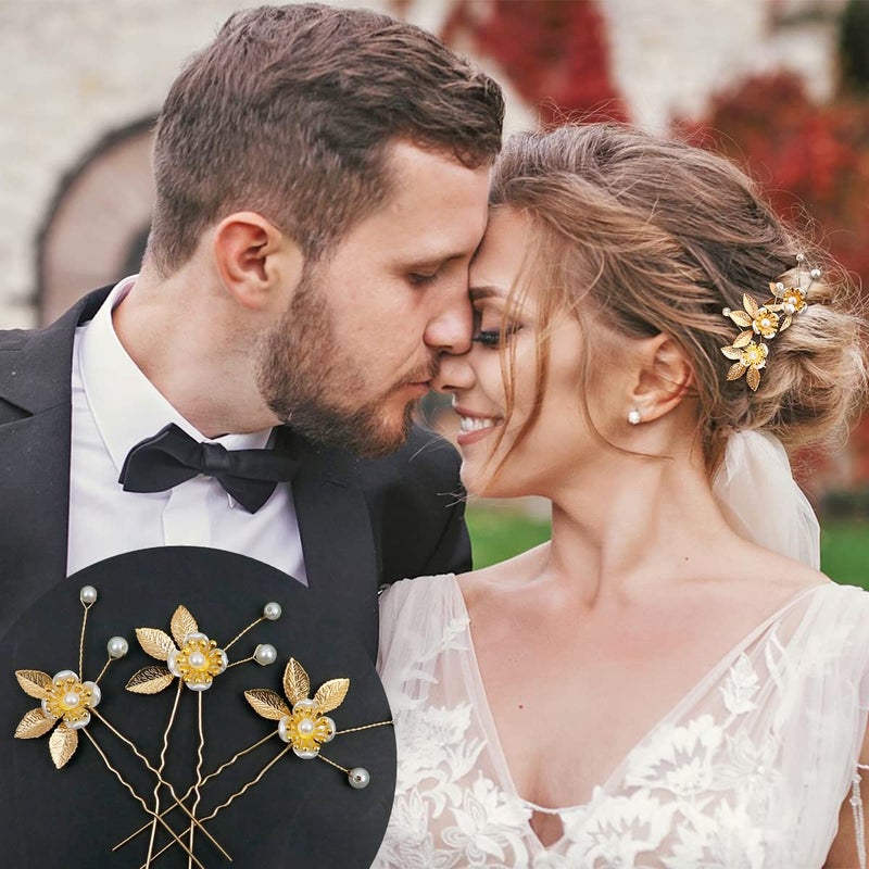 La Jolie Jasmin 6 Pieces Bridal Wedding Hair Pins Gold Leaf Crystal Pearl Hair Pins Clips Headpiece Vintage Wedding Hair Accessories Jewelry with Rhinestone for Brides Bridesmaids Flower Girls (Elegant) - Image 4