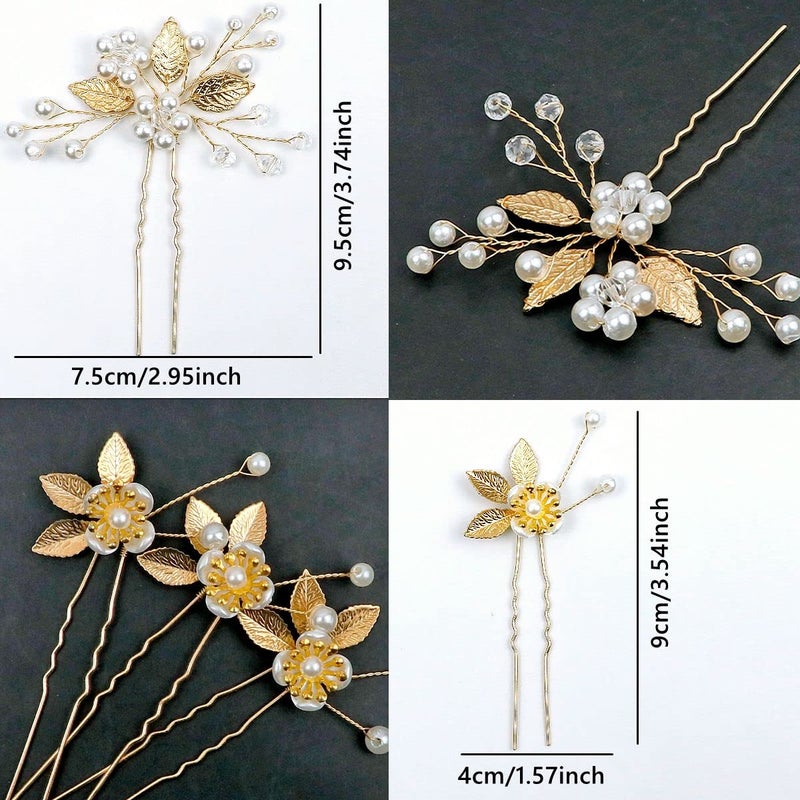 La Jolie Jasmin 6 Pieces Bridal Wedding Hair Pins Gold Leaf Crystal Pearl Hair Pins Clips Headpiece Vintage Wedding Hair Accessories Jewelry with Rhinestone for Brides Bridesmaids Flower Girls (Elegant) - Image 3