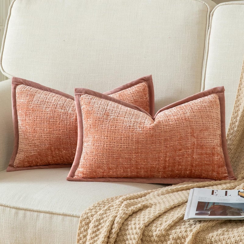 Yaertun Pack of 2 Chenille Textured Decorative Throw Pillow Covers Accent Solid Cushion Cover Soft Cozy Pillow Case with Velvet Back for Couch Sofa Bed Living Room 12x20 Inch Pink - Image 1