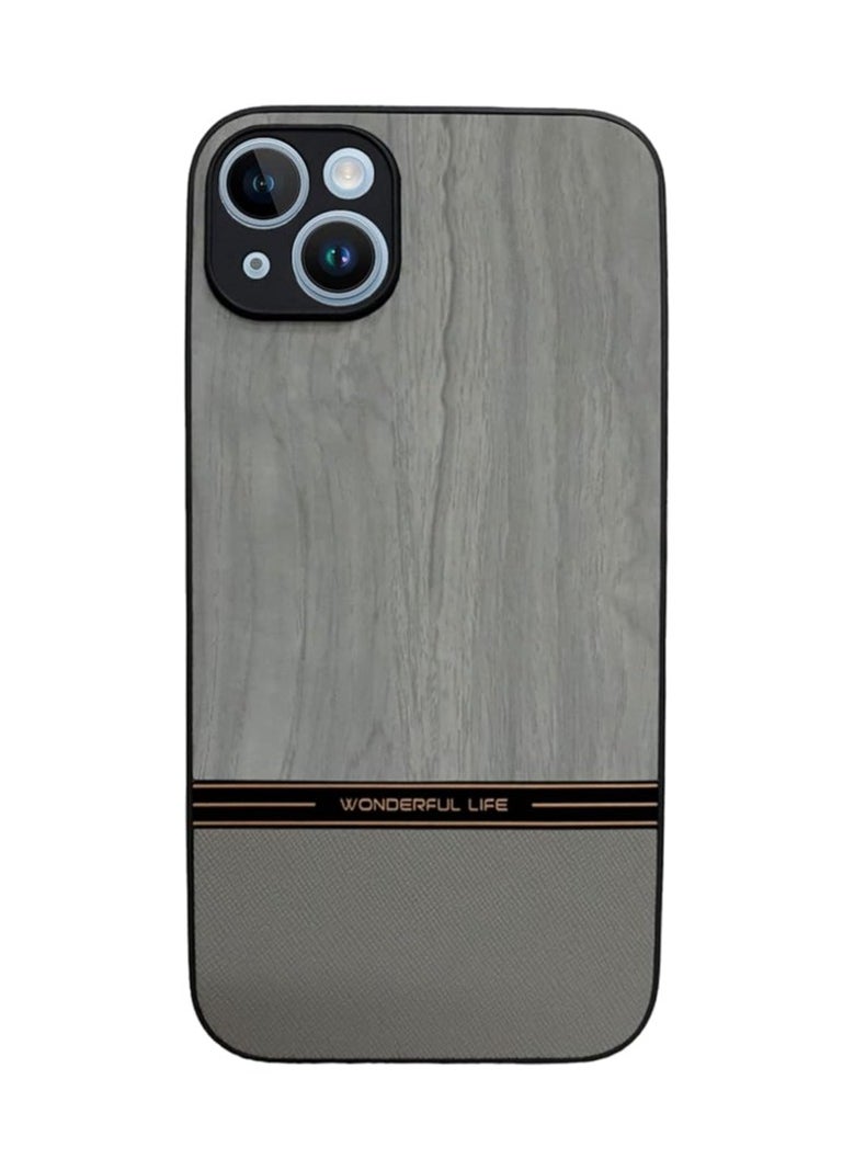 Generic - Shockproof Wood Grain Skin PU and TPU Shockproof Luxury Phone Case for iPhone 14 (Grey) - Image 1