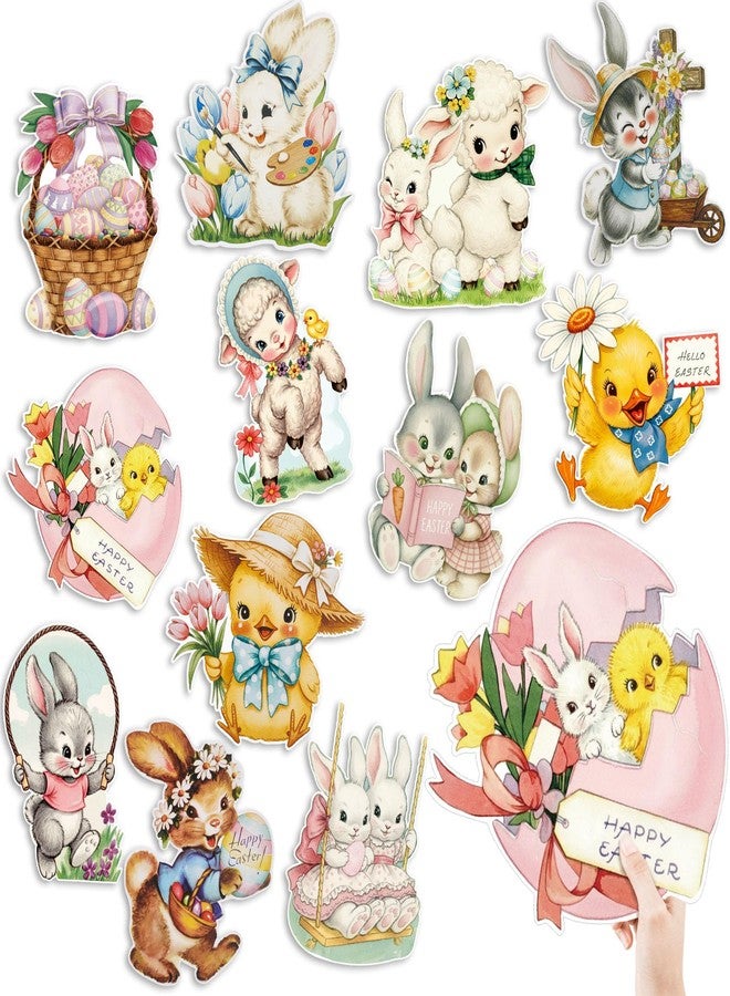 Fuyoooo 12 Pcs Large Vintage Easter Cutouts Watercolor Double Sided Printing Happy Easter Paper Cuts Spring Rustic Farmhouse Bunny Rabbit Egg Cutout for Party Baby Shower Birthday Classroom Wall Decor - Image 1