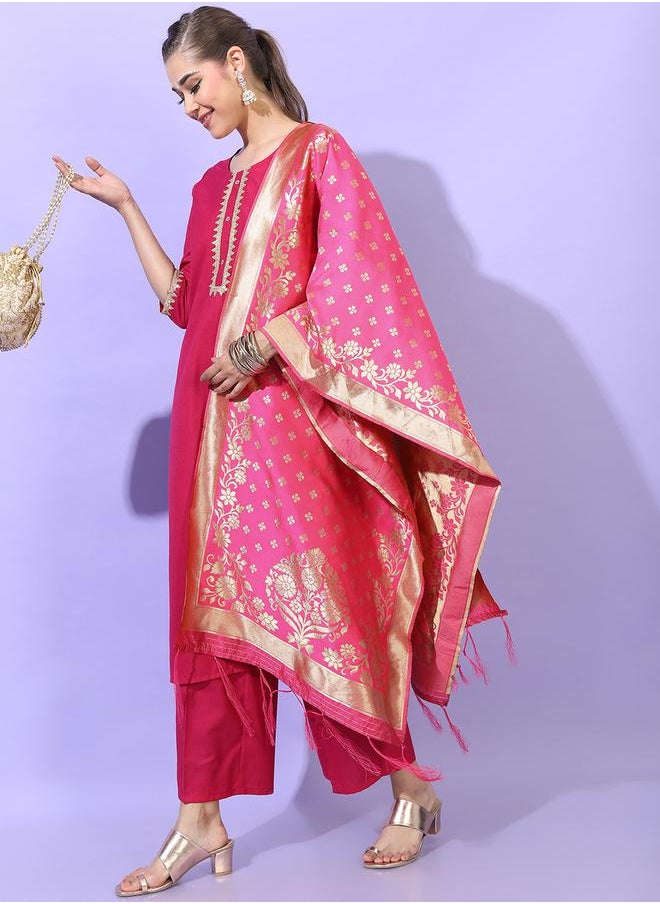 Vishudh Women Pink Viscose Kurta Set with Lace Work by Styli  - Image 2