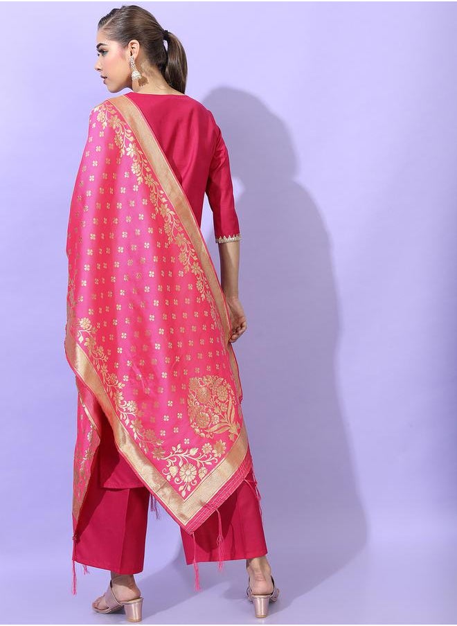 Vishudh Women Pink Viscose Kurta Set with Lace Work by Styli  - Image 3