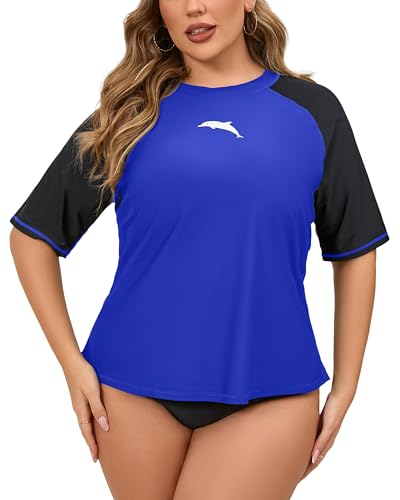 Halcurt Women's Plus Size Rash Guard Short Sleeve Swim Shirts Loose Fit UPF50+ Sun Protection Swimsuit Top Only Royal Blue 4X - Image 1